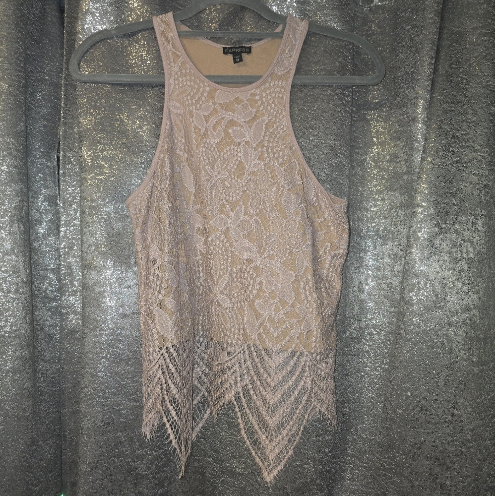 Pink Express Peek A Boo Macrame Tank Top Racerback Lace Floral Size XS